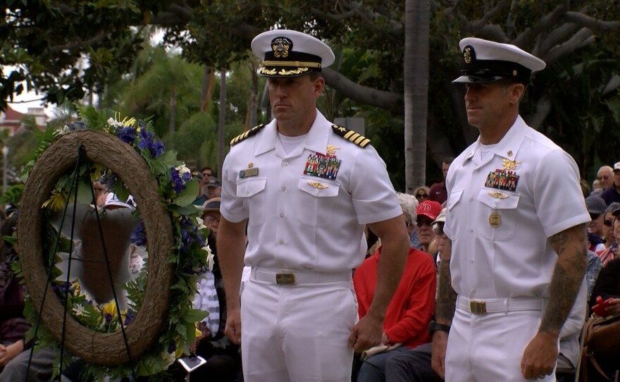 Navy personnel participate in a Memorial Day ceremony in Coronado, May 30, 2016.