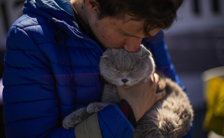 Ivan Andreiev, who fled from Mariupol with his family, kisses his cat, Leonardo, upon arrival at a reception center for displaced people in Zaporizhzhia, Ukraine, on Sunday.