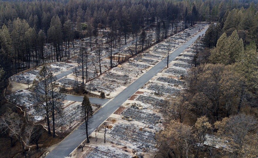 Homes leveled by the Camp Fire line the Ridgewood Mobile Home Park retirement community in Paradise, Calif., seen last December.