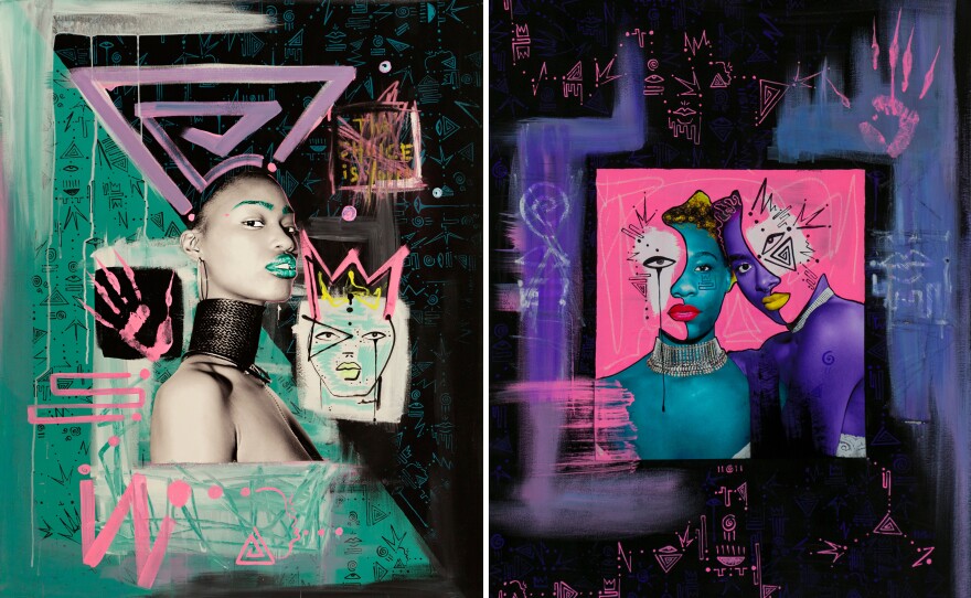 The podcast's 17th episode features New York-based portrait photographer, painter and illustrator Nichole Washington. Left: "The Choice Is Yours," photo, gouache and acrylic on canvas. 36x48 inches. Right: "The Keepers," photo, gouache and acrylic on canvas. 30x40 inches.