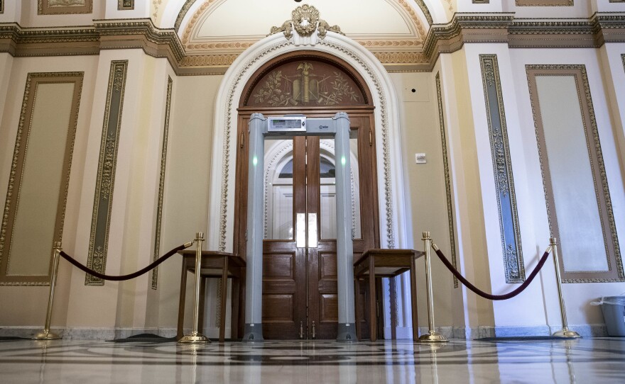 A metal detector stands outside of the House chamber at the U.S. Capitol on Jan. 22, 2021.