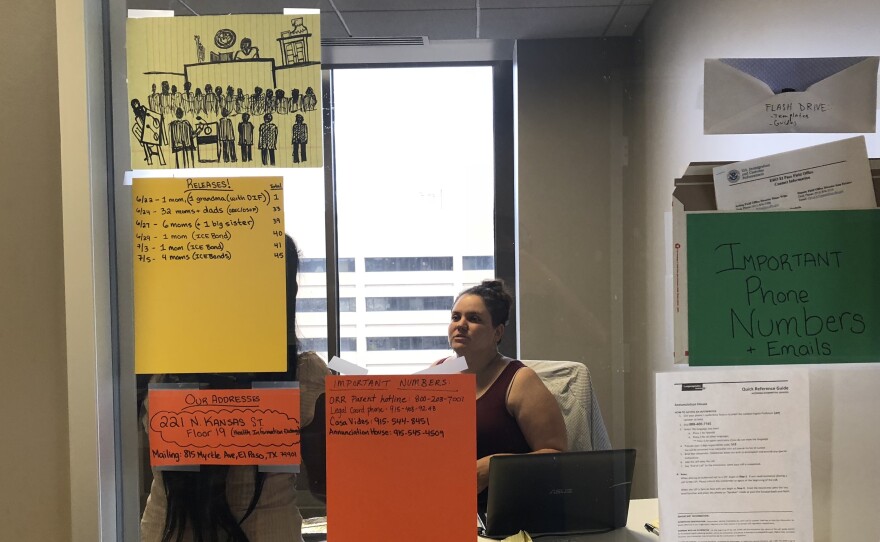 Taylor Levy in her office; she is the legal coordinator for Annunciation House, a migrant shelter in El Paso, Texas.