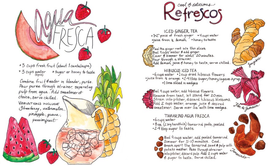 Recipes for agua fresca, beverages made with fresh fruit, and refrescos like iced ginger and iced hibiscus teas.