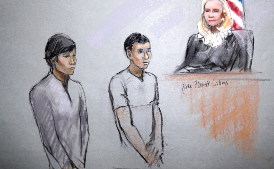 A courtroom sketch shows defendants Dias Kadyrbayev and Azamat Tazhayakov at the Moakley Federal Courthouse in Boston on May 1.