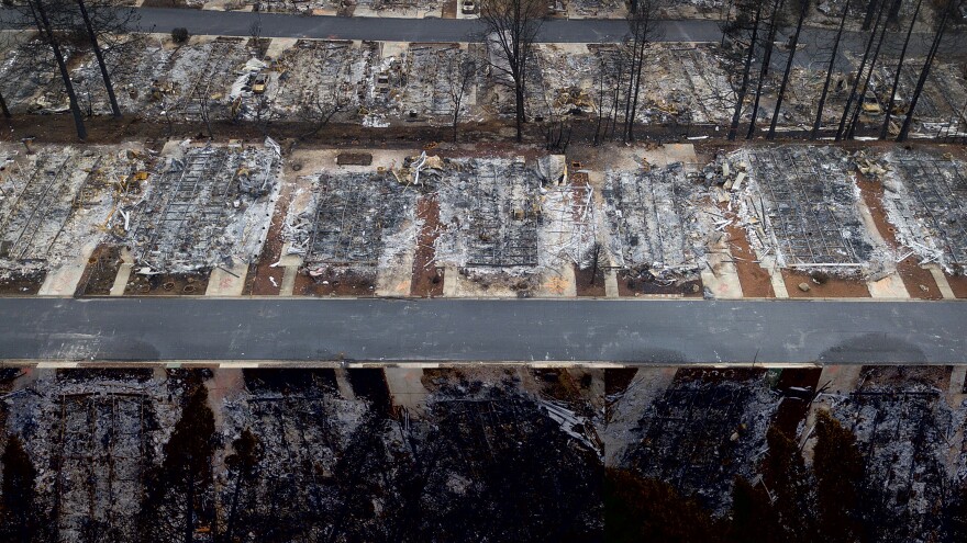 Homes leveled by the Camp Fire line the Ridgewood Mobile Home Park retirement community in Paradise, Calif., a town almost completely destroyed by the wildfire.
