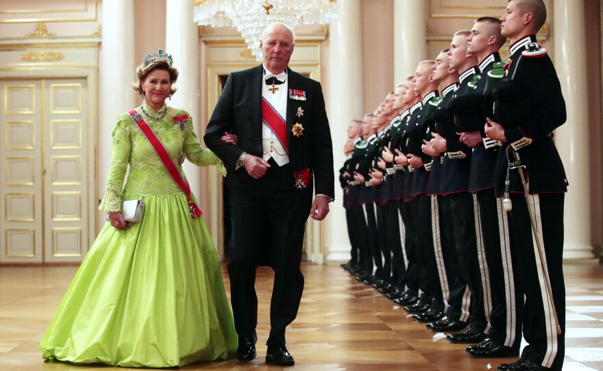 Norway's King Harald and Queen Sonja arrive at a gala dinner to celebrate their 80th birthdays, at the Royal Palace in Oslo, May 9, 2017.