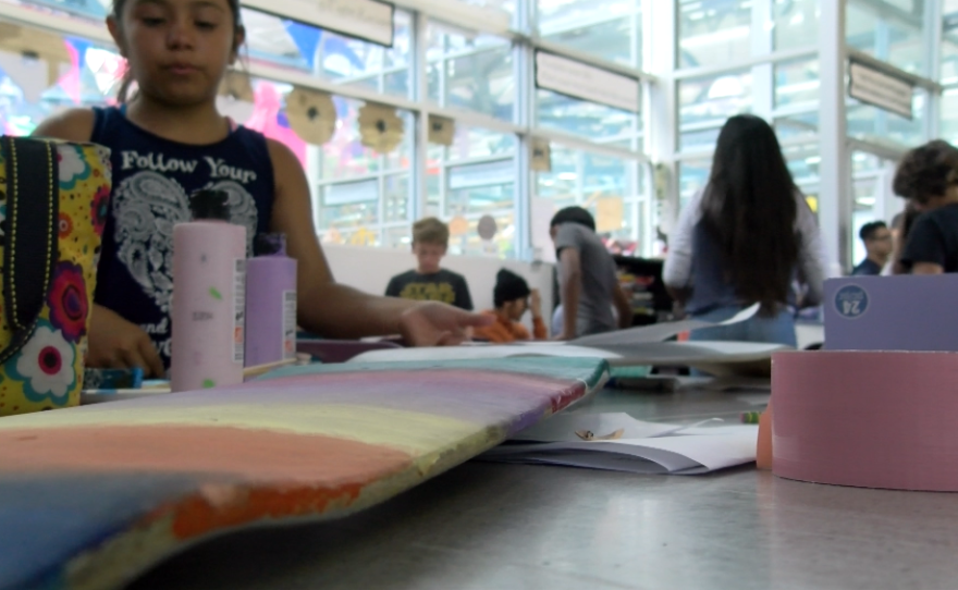 High Tech Elementary fourth-grader Lizbel Altorre works on a skateboard for Syrian refugees, June 14, 2017.