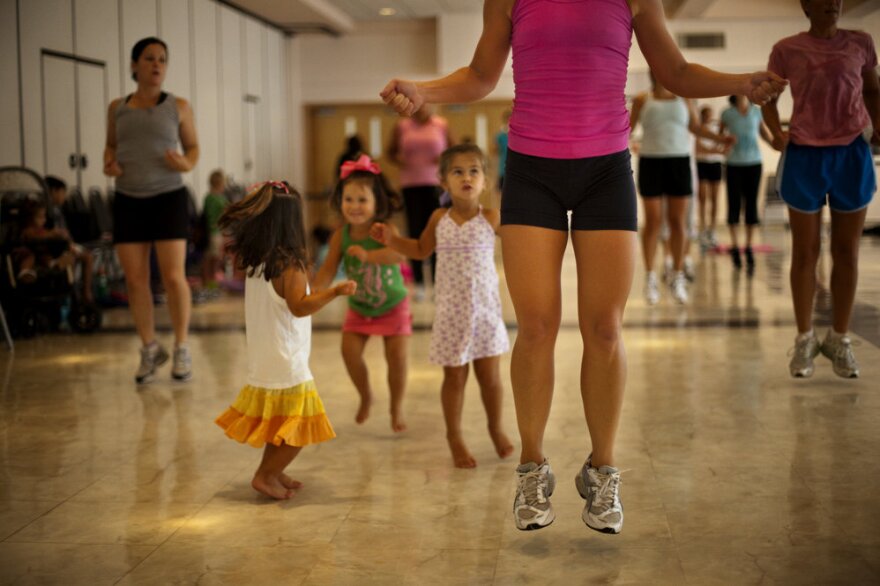 "Mommy Bootie Camp" is a kid-friendly interval training class, in Kensington, Md.