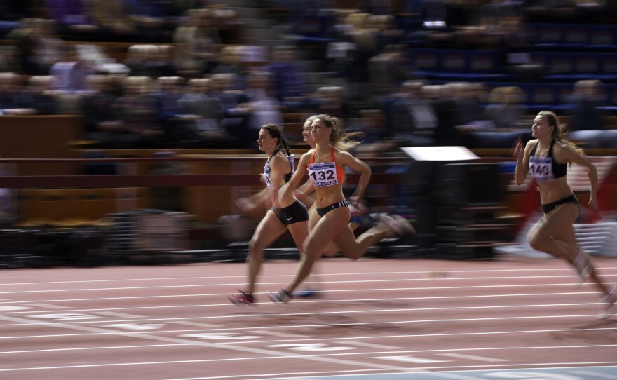 Anastasiya Grigoryeva (center) during a 60-meter heat at the Russian Winter national athletics meet in Moscow on Sunday.