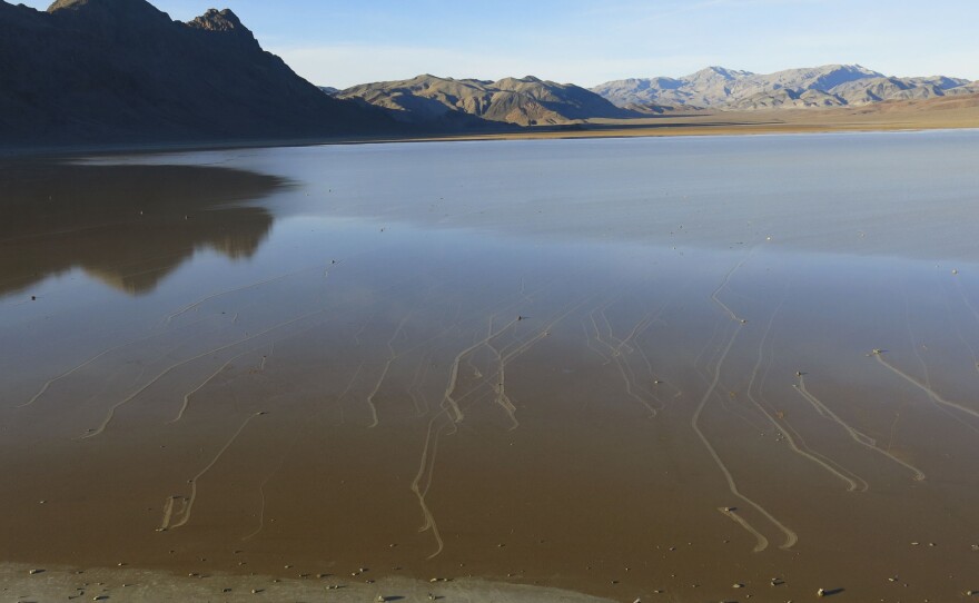View of the partly flooded Racetrack shortly after the Dec 20, 2013 event in which hundreds of rocks carved trails in the mud, as they were pushed along by floating ice.