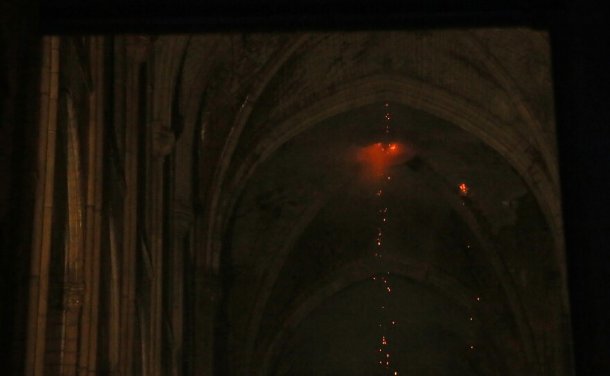 A view from inside Notre Dame Cathedral during the fire in Paris on Monday.