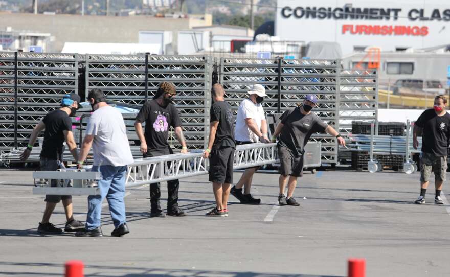 San Diego Opera began building its outdoor stage in the Pechaga Arena San Diego parking lot its drive-in production of "La Bohème."