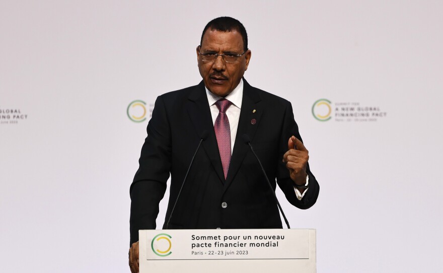 President of Niger Mohamed Bazoum delivers a speech at a financial summit in Paris, June 22. On Wednesday, he said members of the presidential guard tried to move against him.