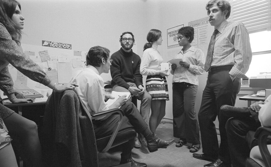 Young staffers in the Washington, D.C. office of the October 15 Moratorium, including co-organizer David Hawk (seated) and co-organizer Sam Brown (far right, wearing a tie).
