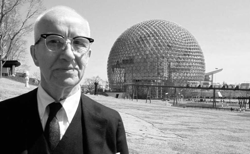 A portrait of R. Buckminster Fuller with a geodesic dome. 