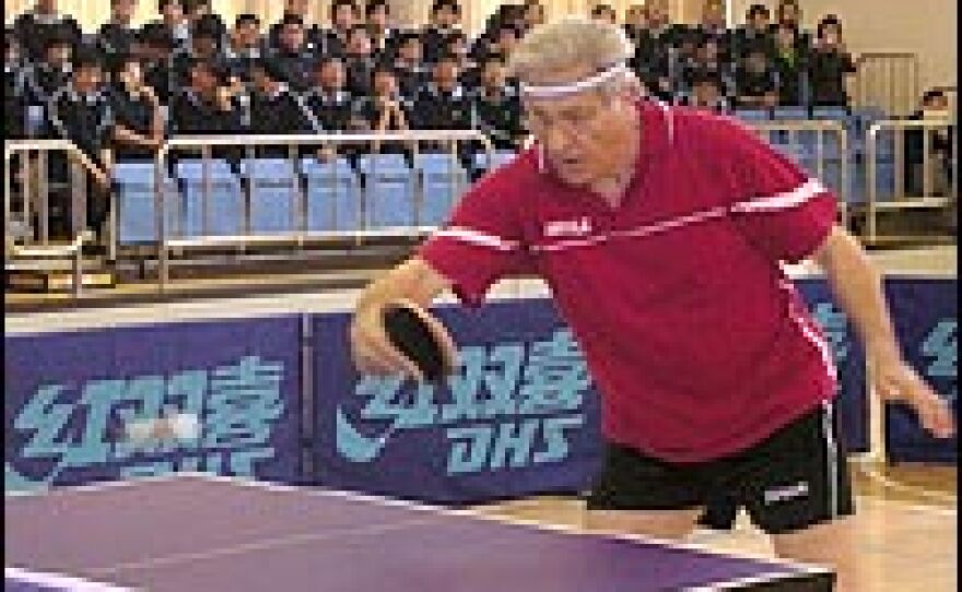 Jack Howard, the captain of the 1971 U.S. ping pong team, plays an exhibition match in Shanghai.