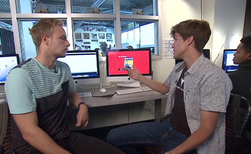 Connor Sweeny and Bryce Kerr discuss the video game they created about propaganda art and how the "We Can Do It" poster played a role in the women's movement, May 11, 2017.