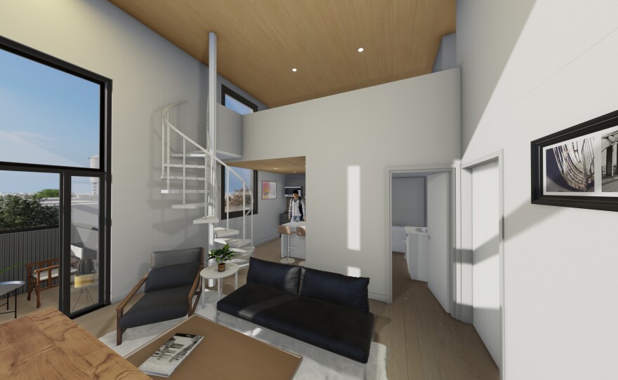 An artist's rendering shows the interior Niima Outpost, an apartment building using mass timber planned for North Park.