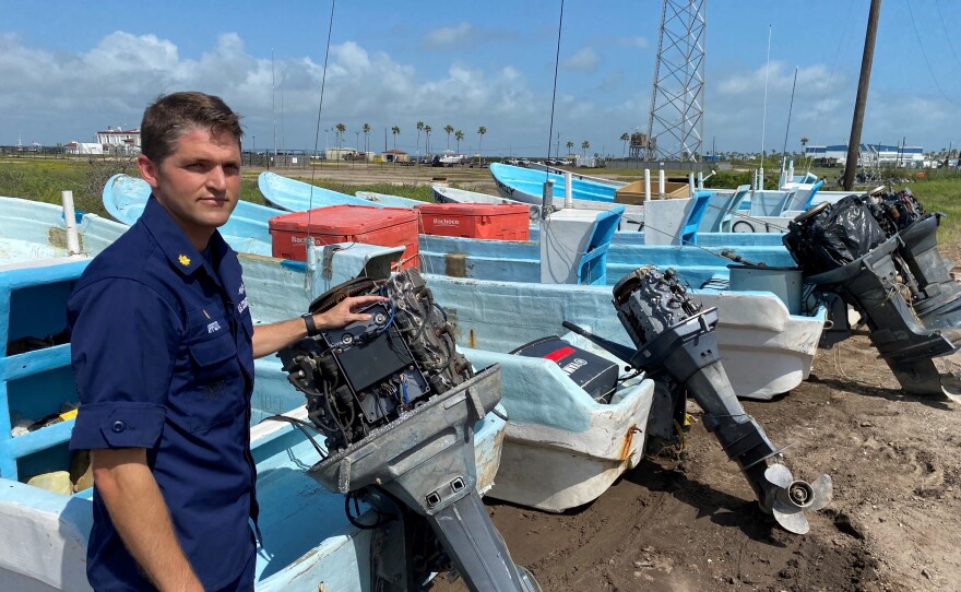 Lt. Cmdr. Dan Ippolito shows Mexican <em>lanchas</em> caught and confiscated while their occupants were fishing illegally in the Gulf. They are stored at U.S. Coast Guard Station South Padre Island and then destroyed.