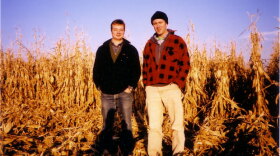 Two recent college graduates, Ian Cheney and Curt Ellis, plant a single acre of the nation's most powerful crop — corn — and set out to follow it on its journey from a seed to the dinner plate. Pictured: Cheney and Ellis at the acre on harvest day. 