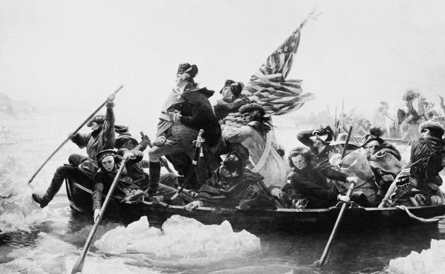 George Washington leads his troops across the Delaware River in 1776 during the Revolutionary War in this painting by Emanuel Leutze.