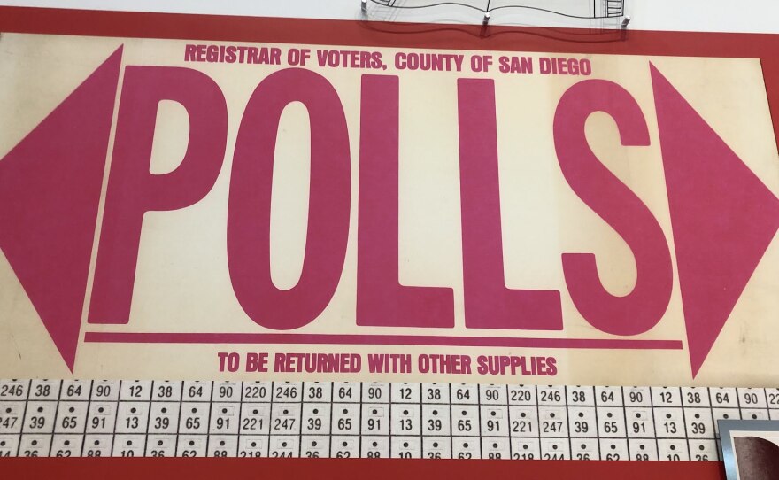 A polling sign at the San Diego County Registrar of Voters, Nov. 6, 2018.