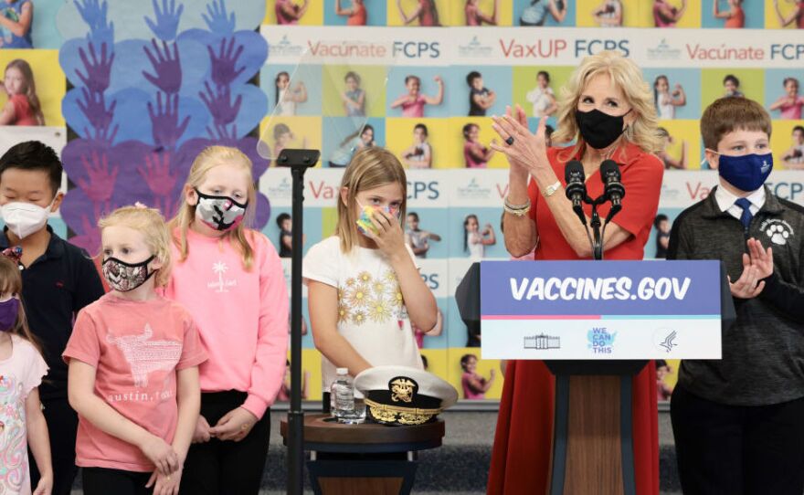 First lady Jill Biden delivers remarks with children who were just vaccinated at the Franklin Sherman Elementary School on Monday in McLean, Va.