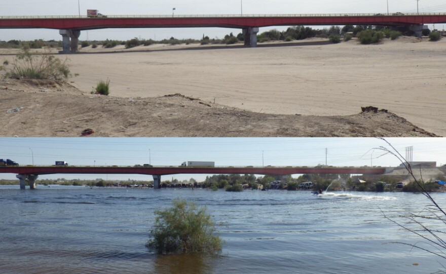 Above: Days before the 2014 pulse flow, the Colorado River at the U.S.-Mexico border (top) was dry and sandy. Nine days later, the gates at the Morelos Dam opened, and water again flowed into the channel (bottom), March 20, 2014.
