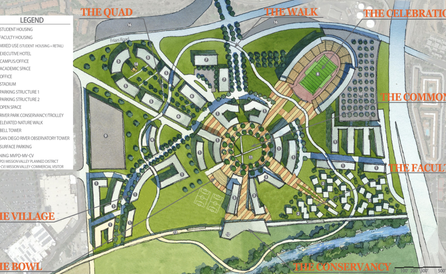 An artist's rendering shows development plans for the Qualcomm Stadium property.