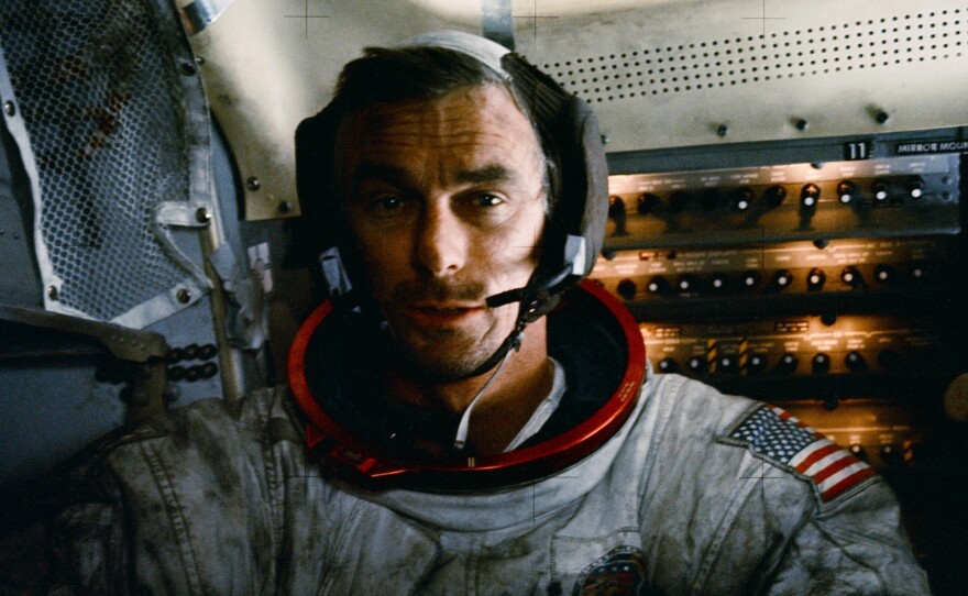 Gene Cernan in the Apollo 17 lunar module after one of three moonwalks.