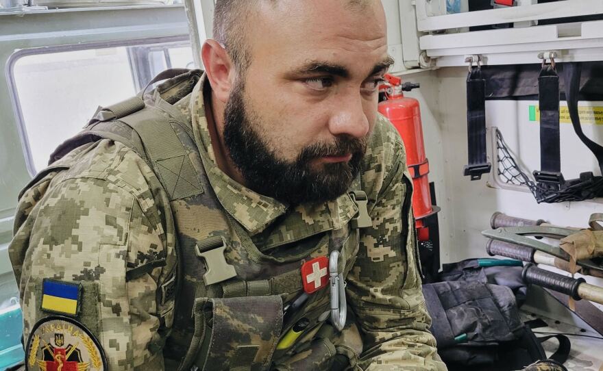 A Ukrainian field medic who identified himself as "Doc" waited to care for soldiers injured on the front lines.  Soon after this photo was taken, Doc would help care for NPR's team.