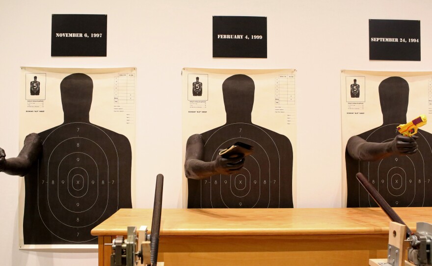 Dread Scott's The Blue Wall of Violence, as part of the Perilous Bodies exhibit at the Ford Foundation Gallery in Manhattan.