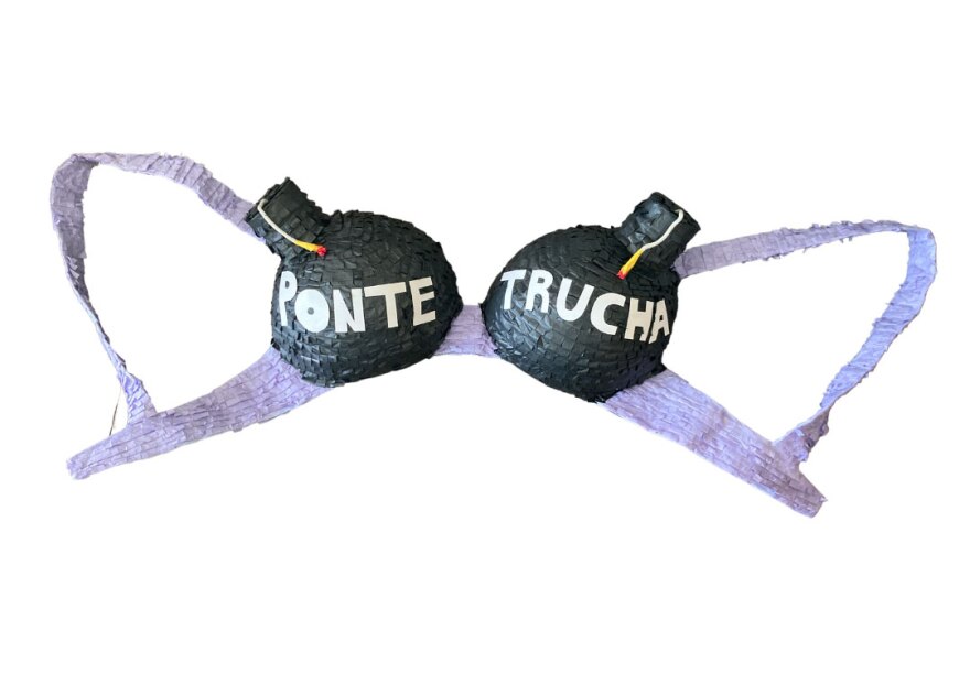 "Ponte Trucha" is a piñata-style sculpture by artist Diana Benavídez, part of her new exhibition, "Text Me When You Get Home," on view at the Athenaeum Art Center Mar. 12 through May 13, 2022 