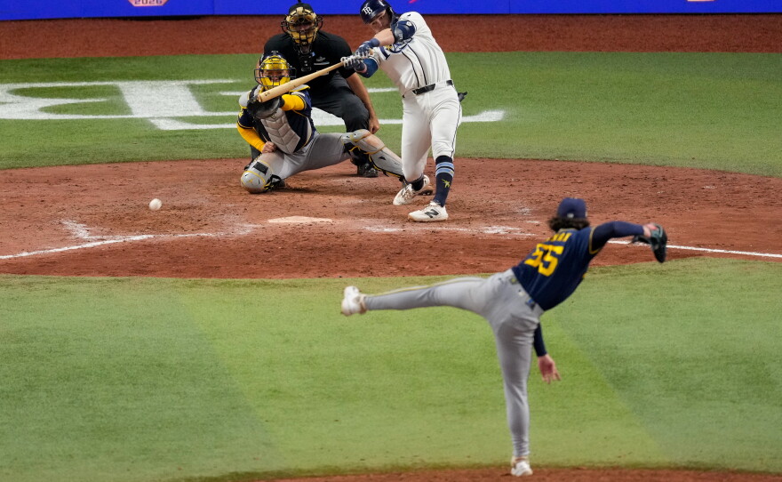 Tampa Bay Rays second baseman Ben Williamson connects for a game-winning RBI single off Milwaukee Brewers pitcher Shane Drohan during the 12th inning of Game 4 of baseball's World Series, Wednesday, Oct. 28, 2026, in St. Petersburg, Fla., between the Milwaukee Brewers and the Tampa Bay Rays.