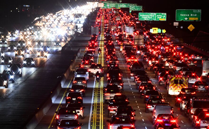 The 405 Freeway is packed with rush-hour traffic last month in Los Angeles. Americans' greatest contribution to global greenhouse gas emissions comes from transportation, mostly from cars and trucks, according to the federal government.