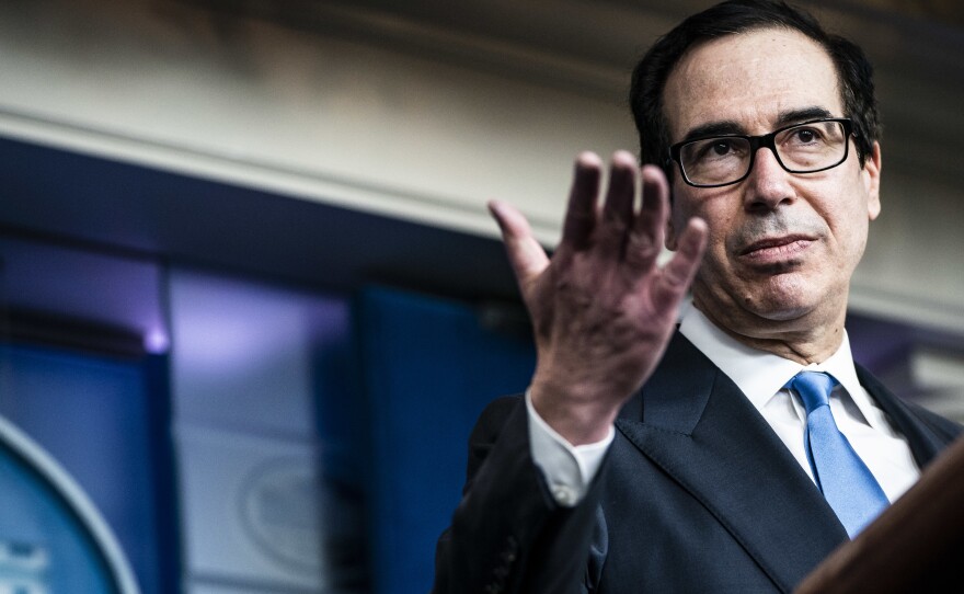 Treasury Secretary Steven Mnuchin speaks during a coronavirus task force briefing in April.