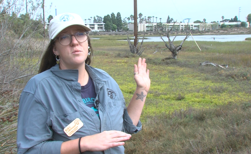 Kelcy Coleman with the San Diego Bird Alliance is shown at the slough on Sept. 26, 2025.