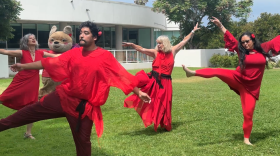 Dance participants at the Pacific Beach Library practice their Kate Bush-style dance for The Most Wuthering Heights Day Ever