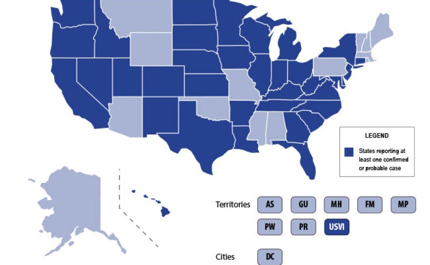 A map highlights the states where vaping-related lung illness cases are suspected as of Sept. 12, 2019.