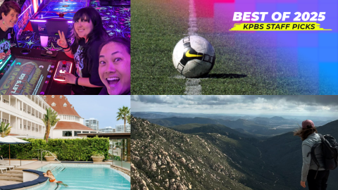 Some of the local places featured on KPBS' Best Wellness and Self-Care of 2025 list are shown. Top row, from left: Arcade Monsters and Sportsplex USA Santee. Bottom row, from left: Hotel del Coronado and Corte Madera Mountain.