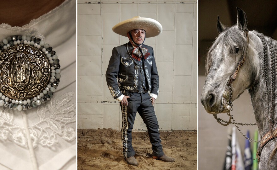 Left: Naiomy Torres, leader of Escaramuza Flor de Aguileña, wears a decorative Our Lady of Guadalupe broach. Center: Charro Manuel Sanchez, from Rancho Flaquito Perez, poses for a photo backstage. Right: A horse's braided mane at the Mexican Rodeo Extravaganza.