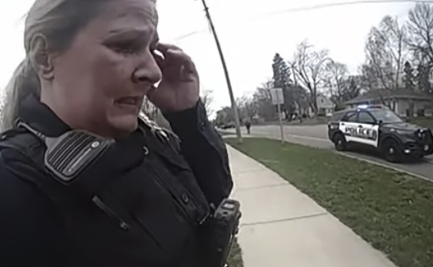 Screen grab of police body cam video shown in court at Hennepin County Courthouse in Minneapolis, Minn. shows former police officer Kim Potter after a traffic stop in which Daunte Wright was shot.