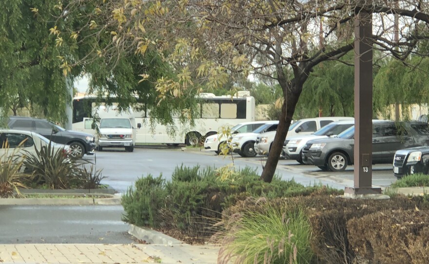 The white buses parked at the Escondido Transit Center were part of a U.S. Immigration and Customs Enforcement operation, March 14, 2018.