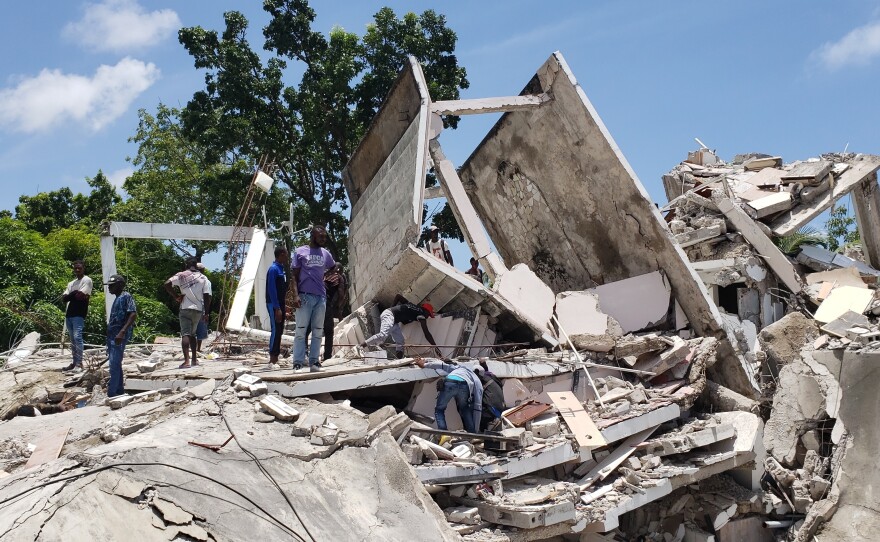 <strong>Sat., Aug. 14:</strong> The back side of the residence of the Catholic bishop is damaged after an earthquake in Les Cayes, Haiti.