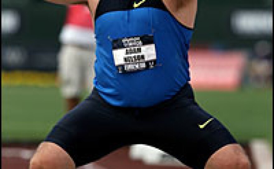 Adam Nelson competes in the men's shot put during the second day of the U.S. Track and Field Olympic Trials at Hayward Field in Eugene, Ore., in June.
