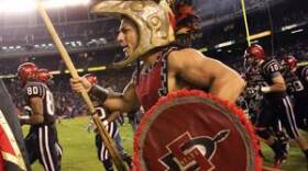 The SDSU Aztec Warrior performs during a football game.