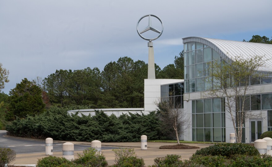 The Mercedes-Benz visitor center sits adjacent to the plant where more than 5,000 workers can cast ballots on whether to join the UAW starting May 13.