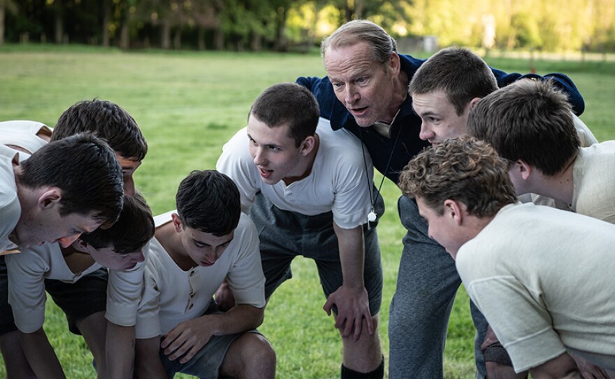 Center: Ike (Kuba Sprenger), Jock (Iain Glenn), Sam (Marek Wrobelewski) in a scene from "The Windermere Children."