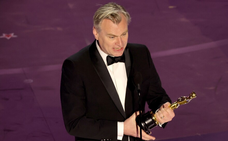 Christopher Nolan accepts the best directing award for <em>Oppenheimer </em>at the 96th Annual Academy Awards.