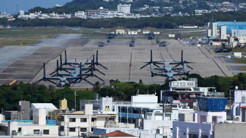 U.S. MV-22 Osprey transport aircraft are parked at the U.S. Marine Corps Air Station Futenma in Ginowan, on the main island of the Okinawa archipelago, southern Japan, Tuesday, Feb. 18, 2025.